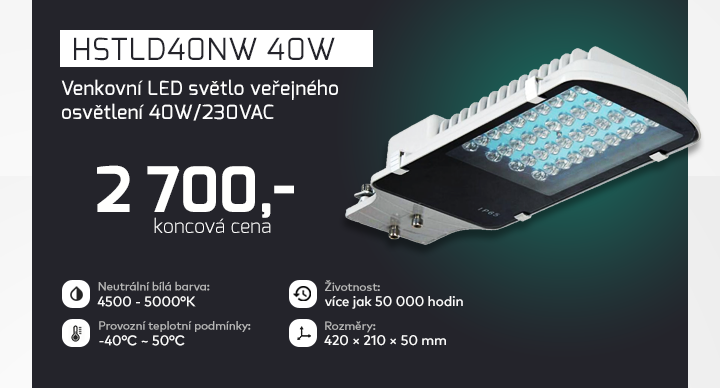 |  Venkovní LED světlo veřejného osvětlení 40W/230VAC  |