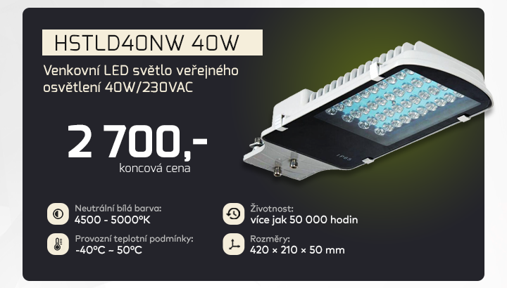 |  Venkovní LED světlo veřejného osvětlení 40W/230VAC  |